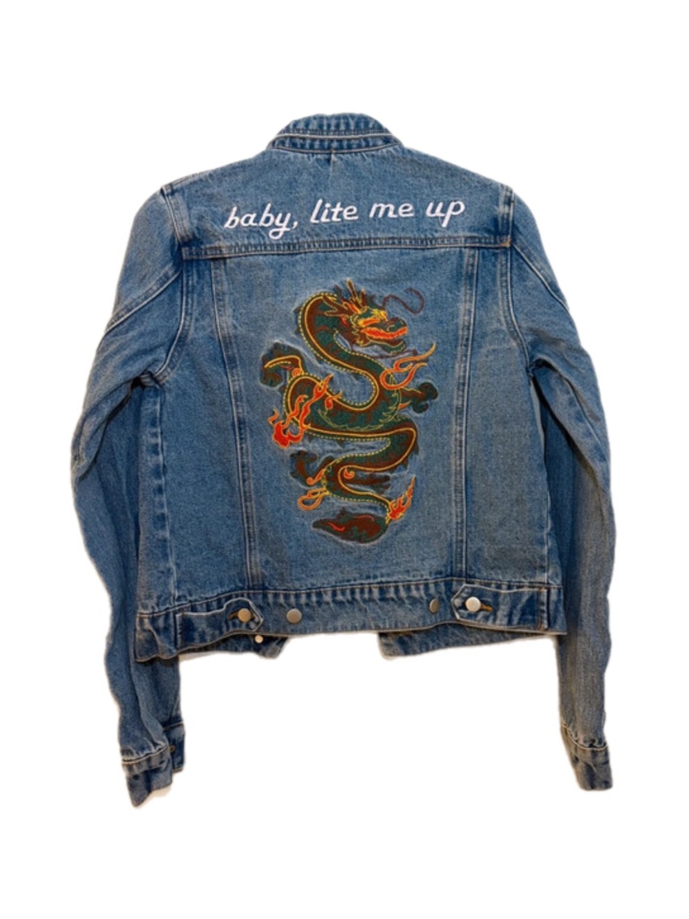 Honey Punch "Baby, Lite Me Up" Dragon Embroidered Denim Jacket Size Small